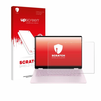 Face avant d’un emballage produit avec le logo de la marque upscreen. À côté, l’appareil HP OmniBook 5 Flip 14 14-fp0153ng est