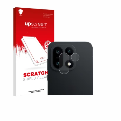 Face avant d’un emballage produit avec le logo de la marque upscreen. À côté, l’appareil OnePlus 15 (Caméra UNIQUEMENT) est re