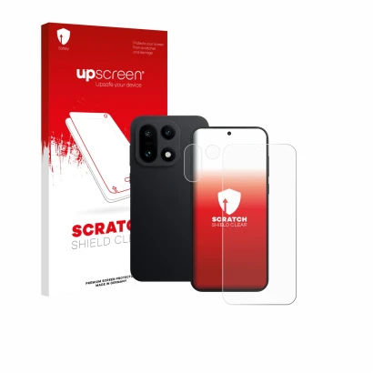 Face avant d’un emballage produit avec le logo de la marque upscreen. À côté, l’appareil OnePlus 15 (Avant+Caméra) est représe