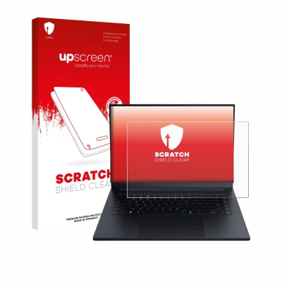 Face avant d’un emballage produit avec le logo de la marque upscreen. À côté, l’appareil Razer Blade 16 2025 est représenté av