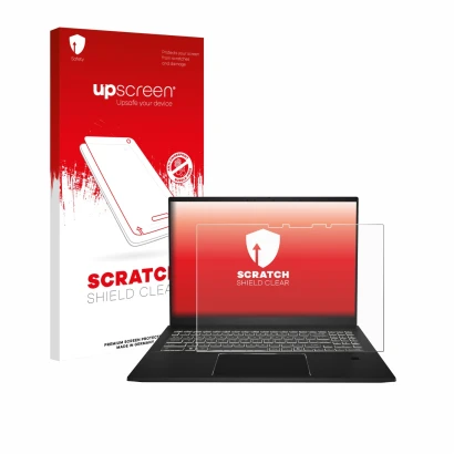 Face avant d’un emballage produit avec le logo de la marque upscreen. À côté, l’appareil MSI Summit A16 AI+ est représenté ave