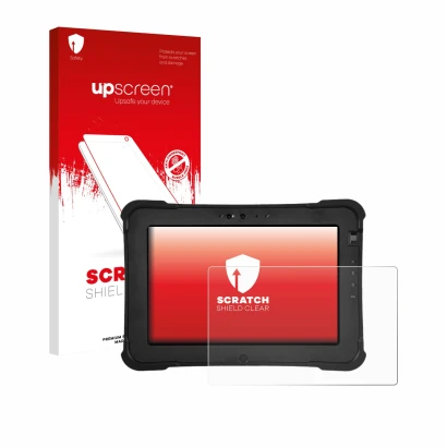 Face avant d’un emballage produit avec le logo de la marque upscreen. À côté, l’appareil Zebra XSlate L10ax est représenté ave