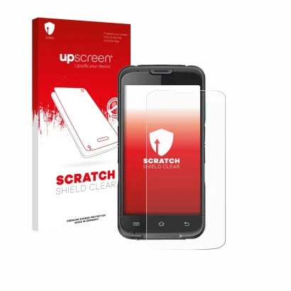 Face avant d’un emballage produit avec le logo de la marque upscreen. À côté, l’appareil Unitech EA602 est représenté avec la