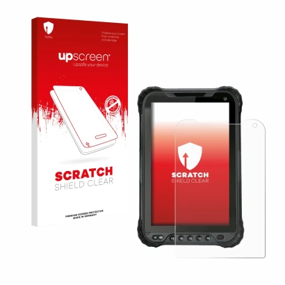 Face avant d’un emballage produit avec le logo de la marque upscreen. À côté, l’appareil Unitech TB85 est représenté avec la p