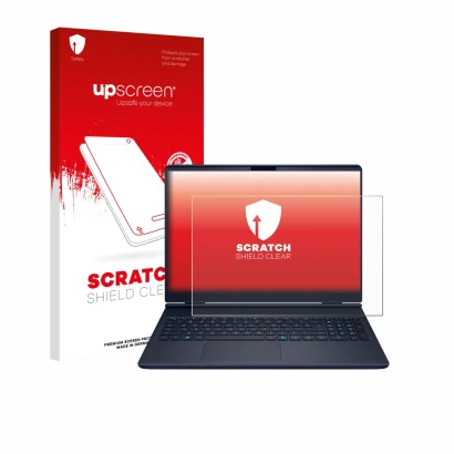 Face avant d’un emballage produit avec le logo de la marque upscreen. À côté, l’appareil Dell Alienware 16X est représenté ave