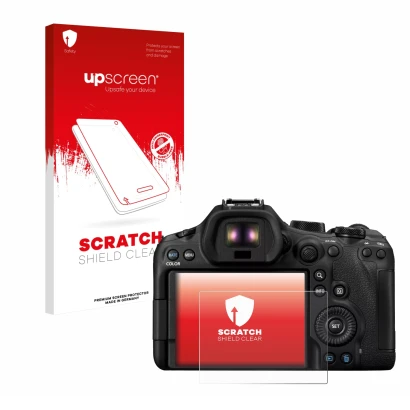 Face avant d’un emballage produit avec le logo de la marque upscreen. À côté, l’appareil Canon EOS R6 Mark III est représenté