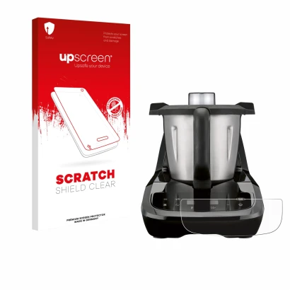 Face avant d’un emballage produit avec le logo de la marque upscreen. À côté, l’appareil SilverCrest Monsieur Cuisine compact 