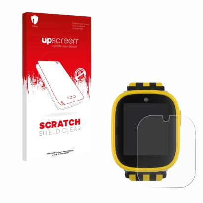 Face avant d’un emballage produit avec le logo de la marque upscreen. À côté, l’appareil Xplora X6 Play BVB-Edition est représ