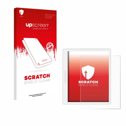 Face avant d’un emballage produit avec le logo de la marque upscreen. À côté, l’appareil Bigme B751C-S est représenté avec la