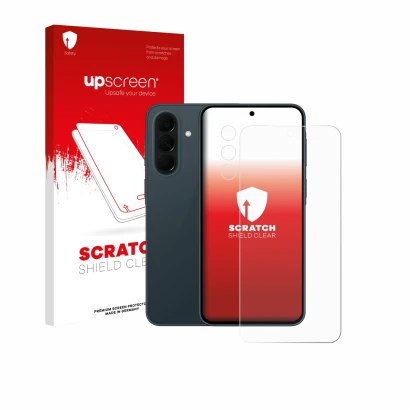 Face avant d’un emballage produit avec le logo de la marque upscreen. À côté, l’appareil Samsung Galaxy A37 5G (Avant+Caméra) 