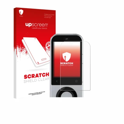 Face avant d’un emballage produit avec le logo de la marque upscreen. À côté, l’appareil Sofabaton X2 est représenté avec la p