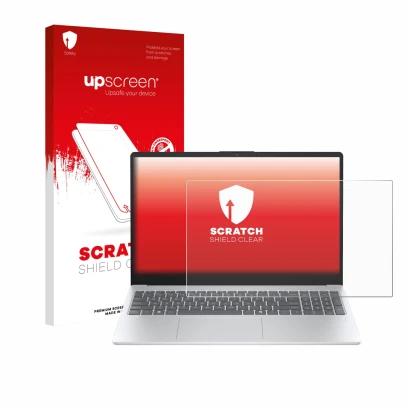 Face avant d’un emballage produit avec le logo de la marque upscreen. À côté, l’appareil HP OmniBook 3 14