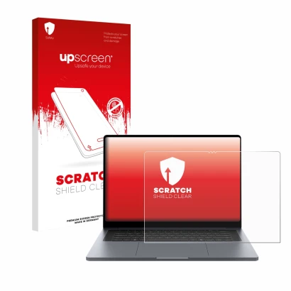 Face avant d’un emballage produit avec le logo de la marque upscreen. À côté, l’appareil Samsung Galaxy Book6 Ultra 16" est re