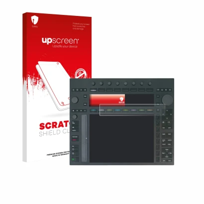 Face avant d’un emballage produit avec le logo de la marque upscreen. À côté, l’appareil Ableton Push 3 est représenté avec la