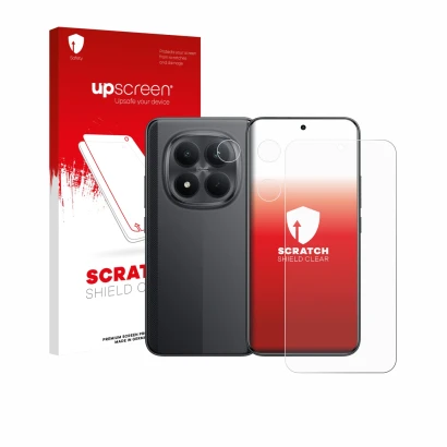 Face avant d’un emballage produit avec le logo de la marque upscreen. À côté, l’appareil Xiaomi Poco M8 Pro (Avant+Caméra) est