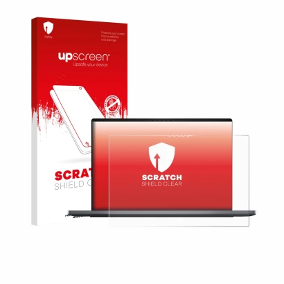 Face avant d’un emballage produit avec le logo de la marque upscreen. À côté, l’appareil Dell XPS 14 DA14260 est représenté av