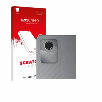 Face avant d’un emballage produit avec le logo de la marque upscreen. À côté, l’appareil Lenovo Tab M11 (Caméra UNIQUEMENT) es