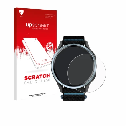 Face avant d’un emballage produit avec le logo de la marque upscreen. À côté, l’appareil Garmin Approach J1 est représenté ave