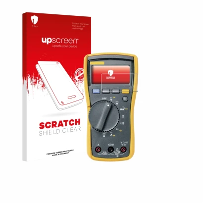 Face avant d’un emballage produit avec le logo de la marque upscreen. À côté, l’appareil Fluke MultiMeter 115 est représenté a