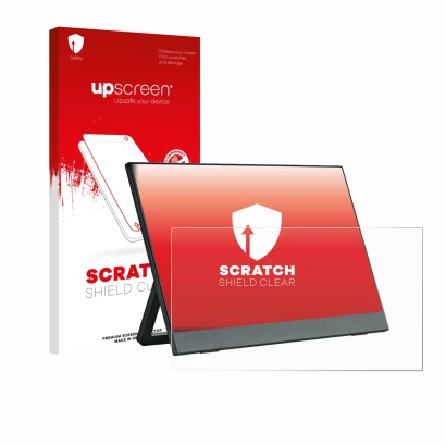 Face avant d’un emballage produit avec le logo de la marque upscreen. À côté, l’appareil Anmite A140W03 14" est représenté ave