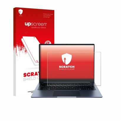 Face avant d’un emballage produit avec le logo de la marque upscreen. À côté, l’appareil Chuwi CoreBook Air 14" est représenté