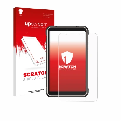 Face avant d’un emballage produit avec le logo de la marque upscreen. À côté, l’appareil Ulefone RugKing Pad Pro est représent