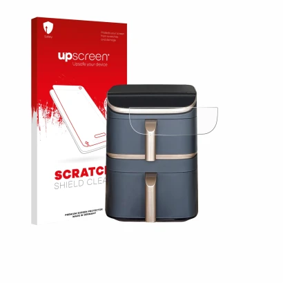 Face avant d’un emballage produit avec le logo de la marque upscreen. À côté, l’appareil Cosori Turbo Tower Pro est représenté