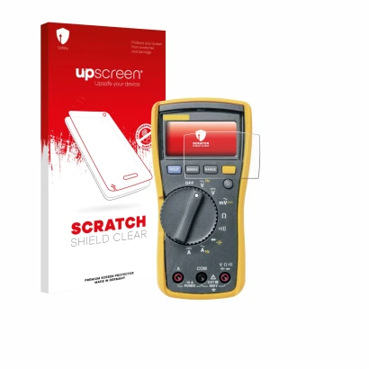 Face avant d’un emballage produit avec le logo de la marque upscreen. À côté, l’appareil Fluke MultiMeter 113 est représenté a