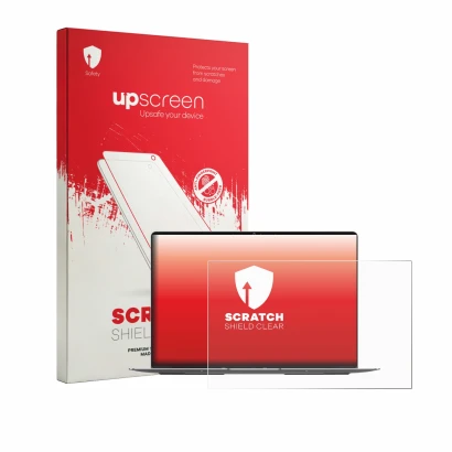 Face avant d’un emballage produit avec le logo de la marque upscreen. À côté, l’appareil Geekom GeekBook X14 Pro est représent