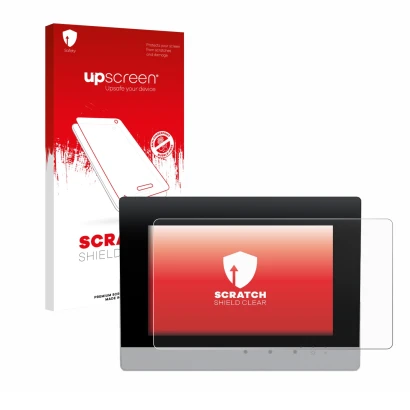 Face avant d’un emballage produit avec le logo de la marque upscreen. À côté, l’appareil WAGO Control Panel Touch Panel 600 es