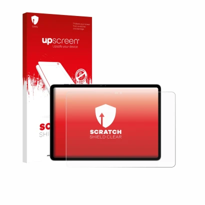 Face avant d’un emballage produit avec le logo de la marque upscreen. À côté, l’appareil Blackview MEGA 12 est représenté avec