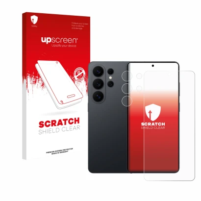 Face avant d’un emballage produit avec le logo de la marque upscreen. À côté, l’appareil Samsung Galaxy S26 Ultra (Avant+Camér