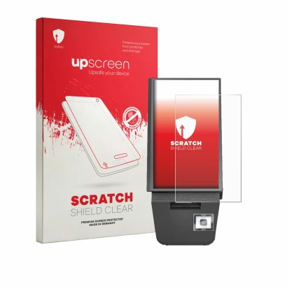 Face avant d’un emballage produit avec le logo de la marque upscreen. À côté, l’appareil Pyramid Computer POLYTOUCH® PIXI 15.6