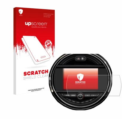 Face avant d’un emballage produit avec le logo de la marque upscreen. À côté, l’appareil Mini Clubman 2018 - 2020 est représen