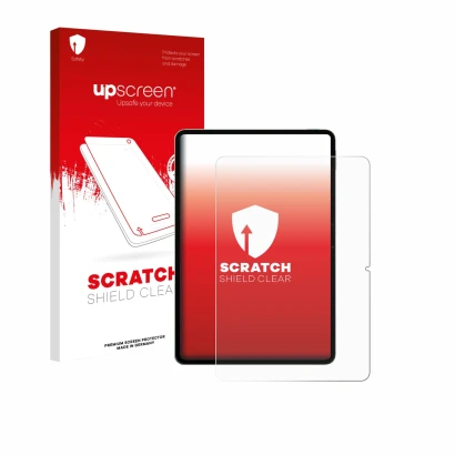Face avant d’un emballage produit avec le logo de la marque upscreen. À côté, l’appareil Xiaomi Pad 8 Pro est représenté avec 