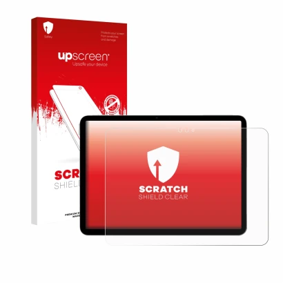 Face avant d’un emballage produit avec le logo de la marque upscreen. À côté, l’appareil Apple iPad Air 11" M4 2026 est représ