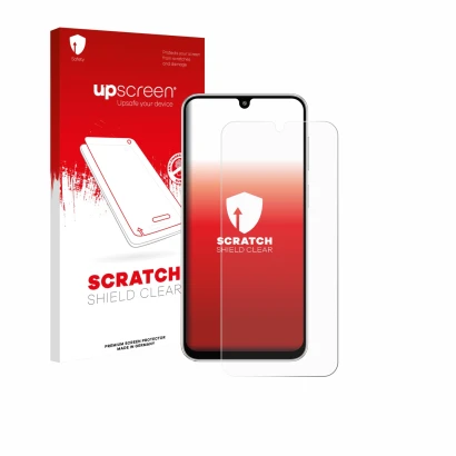 Face avant d’un emballage produit avec le logo de la marque upscreen. À côté, l’appareil Samsung Galaxy M36 est représenté ave