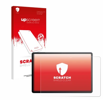 Face avant d’un emballage produit avec le logo de la marque upscreen. À côté, l’appareil TCL Tab A1 Plus est représenté avec l