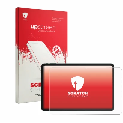 Face avant d’un emballage produit avec le logo de la marque upscreen. À côté, l’appareil Tecno MEGAPAD 2 est représenté avec l