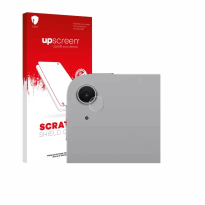 Face avant d’un emballage produit avec le logo de la marque upscreen. À côté, l’appareil Apple iPad Air 11" M4 2026 (Caméra UN