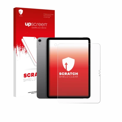 Face avant d’un emballage produit avec le logo de la marque upscreen. À côté, l’appareil Apple iPad Air 11" M4 2026 (Avant+Cam