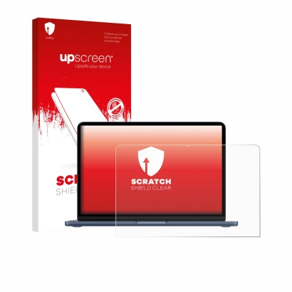Face avant d’un emballage produit avec le logo de la marque upscreen. À côté, l’appareil Apple MacBook Neo 13" 2026 est représ