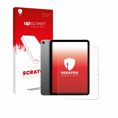 Face avant d’un emballage produit avec le logo de la marque upscreen. À côté, l’appareil Apple iPad Air 13" M4 2026 (Avant+Cam