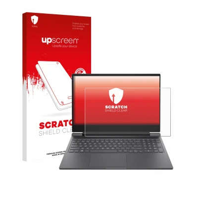 Face avant d’un emballage produit avec le logo de la marque upscreen. À côté, l’appareil HP Victus 16-r0024nf est représenté a
