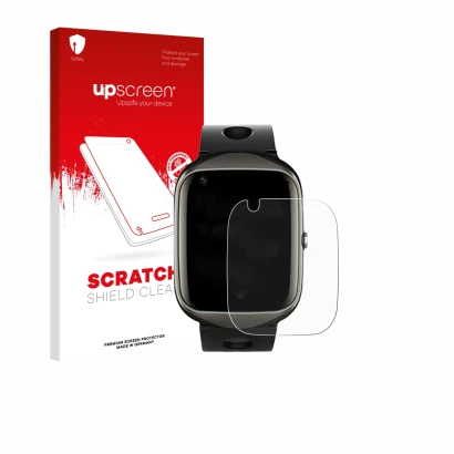 Face avant d’un emballage produit avec le logo de la marque upscreen. À côté, l’appareil ABUBU SmartWatch PBL2 est représenté