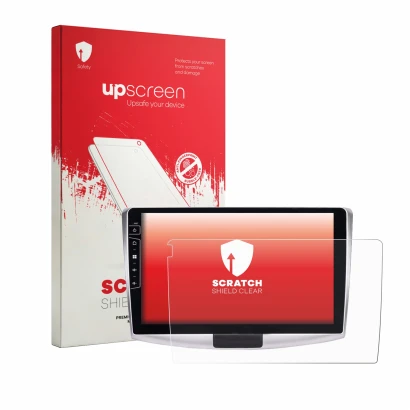 Face avant d’un emballage produit avec le logo de la marque upscreen. À côté, l’appareil Dynavin D9-B6S Premium Flex 10.1" est