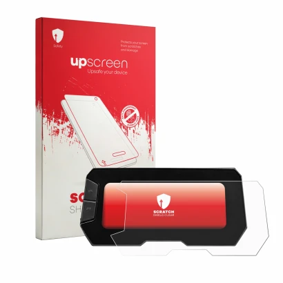 Face avant d’un emballage produit avec le logo de la marque upscreen. À côté, l’appareil Honda CB125R 2022 est représenté avec