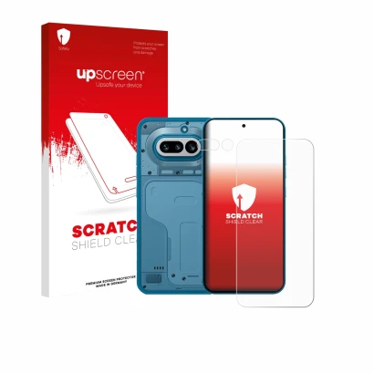 Face avant d’un emballage produit avec le logo de la marque upscreen. À côté, l’appareil Nothing Phone (4a) (Avant+Caméra) est