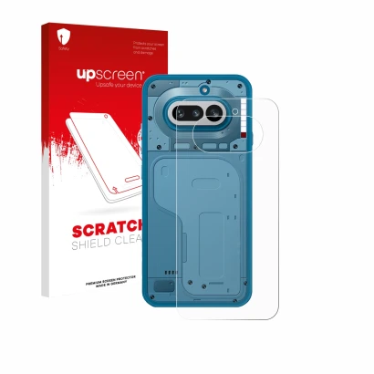 Face avant d’un emballage produit avec le logo de la marque upscreen. À côté, l’appareil Nothing Phone (4a) (Arrière) est repr