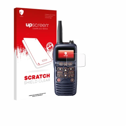 Face avant d’un emballage produit avec le logo de la marque upscreen. À côté, l’appareil Standard Horizon HX320E est représent
